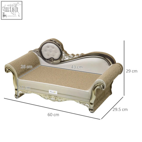 Elegant gold-toned pawhut cat furniture with tufted cream backrest and beige scratching pad with catnip brown a9cor