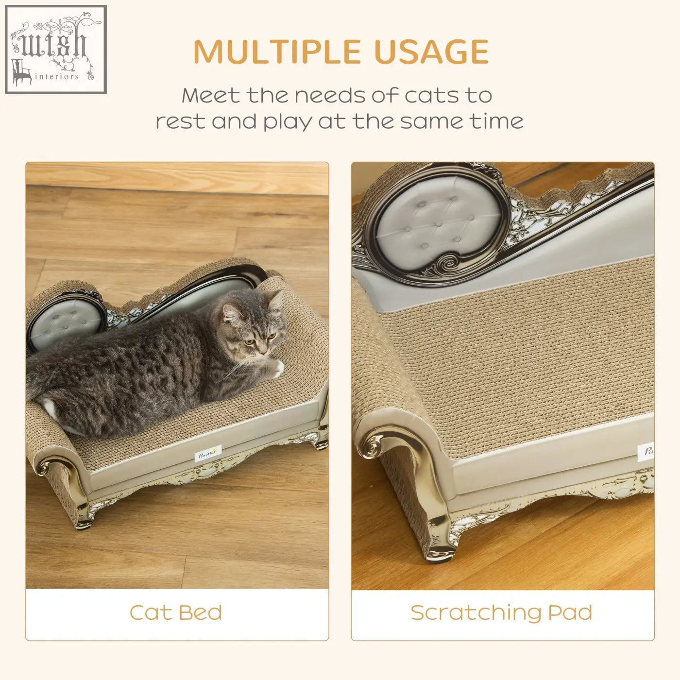 Elegant cream cat furniture with ornate silver gold trim and brown scratching pad by pawhut with catnip a9cor