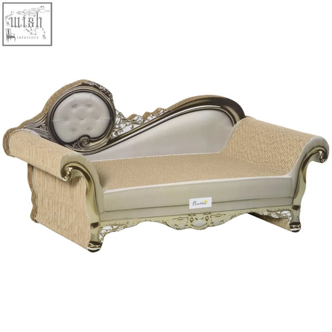 Elegant beige and silver ornate chaise lounge with tufted headrest and woven texture in pawhut cat furniture with scratching pad a9cor
