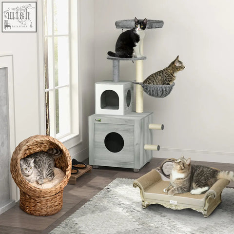 Gray multi-level pawhut cat furniture with scratching pad platforms and catnip perfect for active cats
