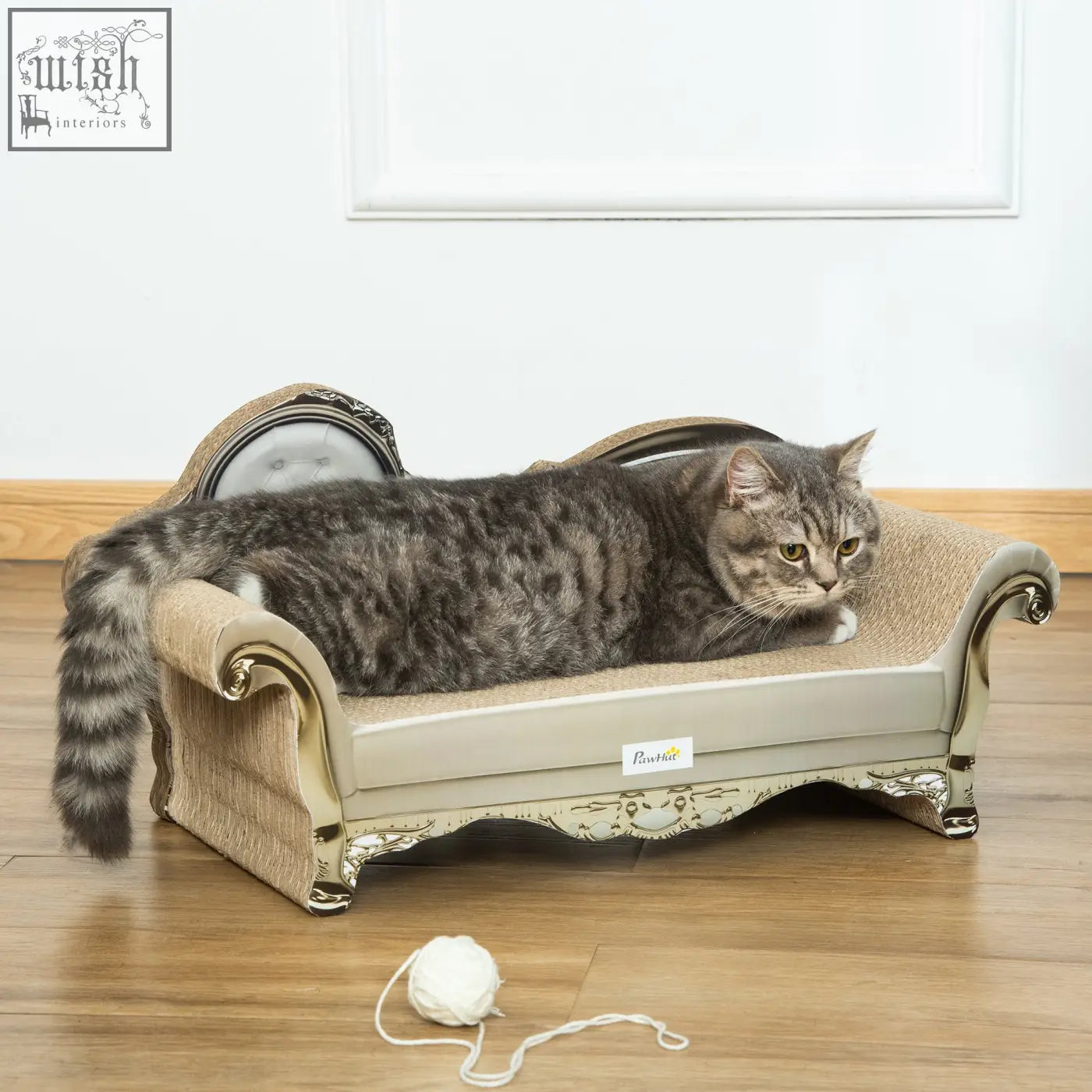A gray tabby cat lounges on a beige and gold pawhut cat furniture with a brown scratching pad and catnip a9cor