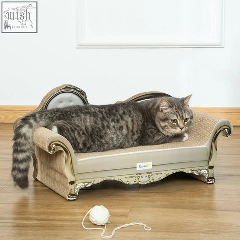 A gray tabby cat lounges on a beige and gold pawhut cat furniture with a brown scratching pad and catnip a9cor