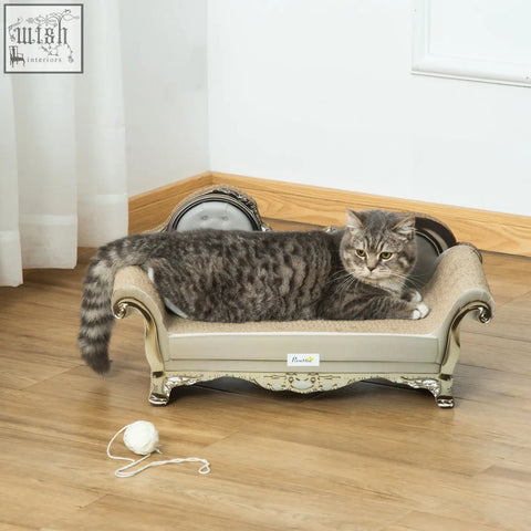 Gray tabby cat lounging on ornate beige and silver pawhut cat furniture with scratching pad and catnip brown a9cor