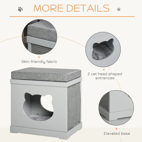 Gray pawhut cat house bed with cushioned top, two cat head entrances, and removable sisal scratching pads on sides