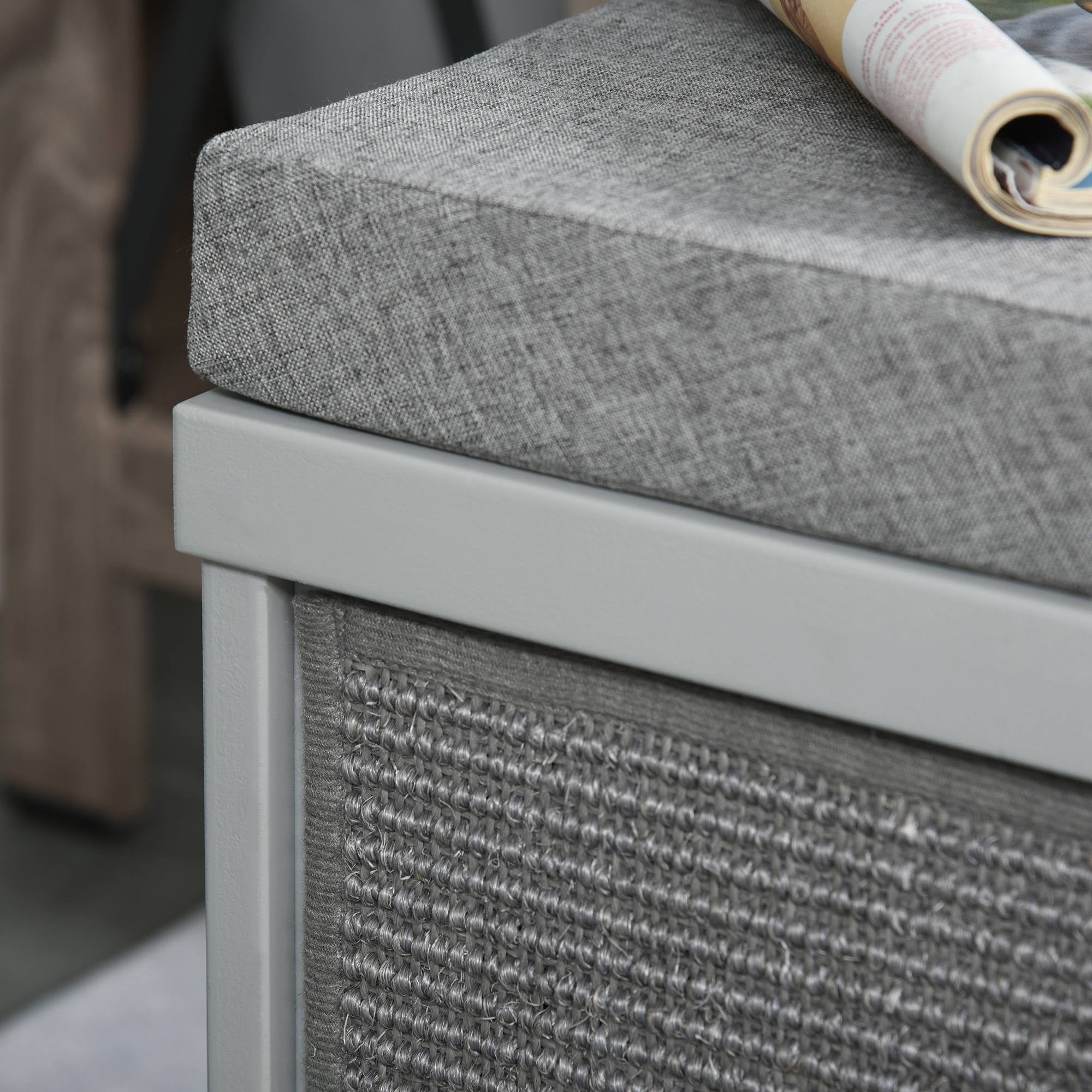 Gray upholstered pawhut cat house with textured fabric seat woven side panels and removable sisal scratching pads