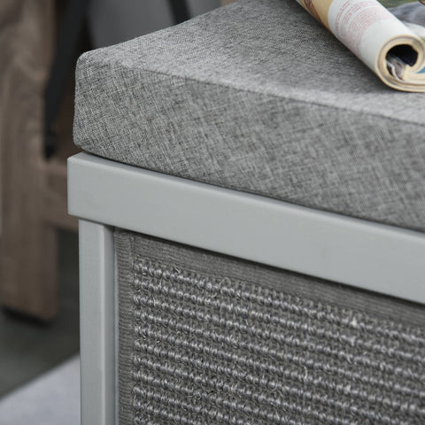 Gray upholstered pawhut cat house with textured fabric seat woven side panels and removable sisal scratching pads