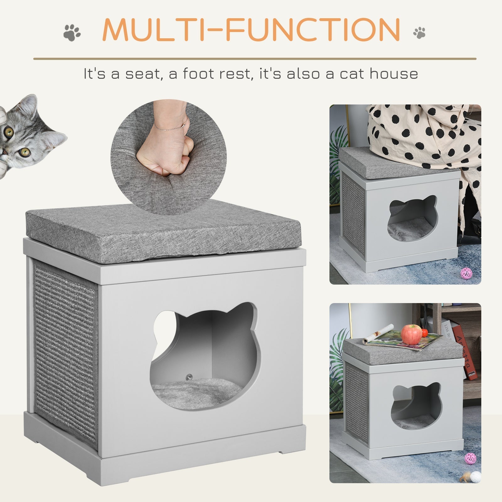 Gray pawhut cat house with soft cushioned top and removable sisal scratching pads for indoor small pets