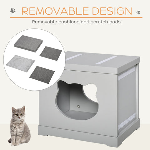 Gray pawhut cat house with removable sisal scratching pads and soft cushion perfect for small pets indoors