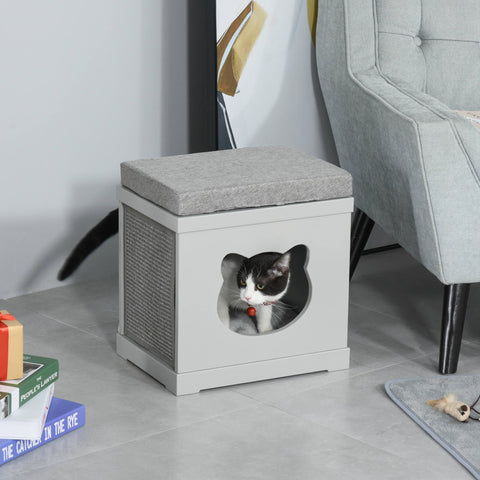 Gray pawhut cat house with cushioned top and removable sisal scratching pads black and white cat peeking out