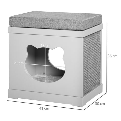 Gray pawhut cat house with cushioned top and removable sisal scratching pads for indoor small pets