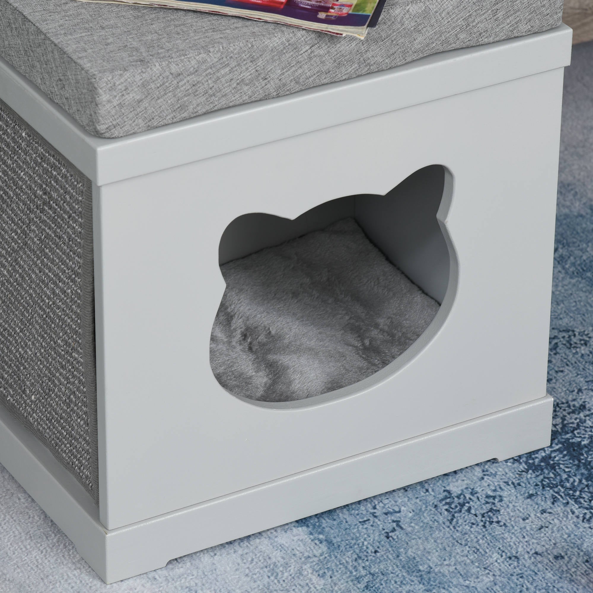 Gray pawhut cat house with soft plush interior and removable sisal scratching pads for indoor small pets