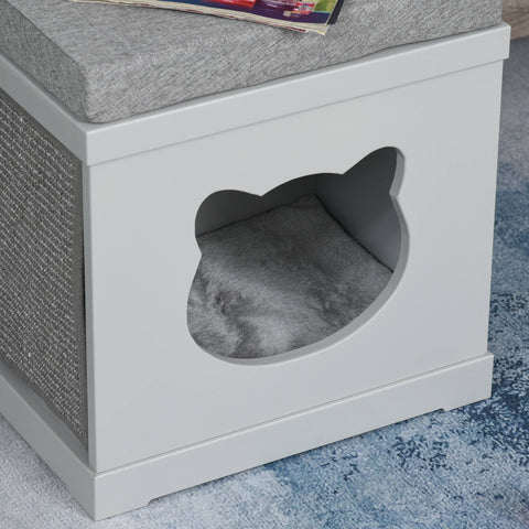 Gray pawhut cat house with soft plush interior and removable sisal scratching pads for indoor small pets