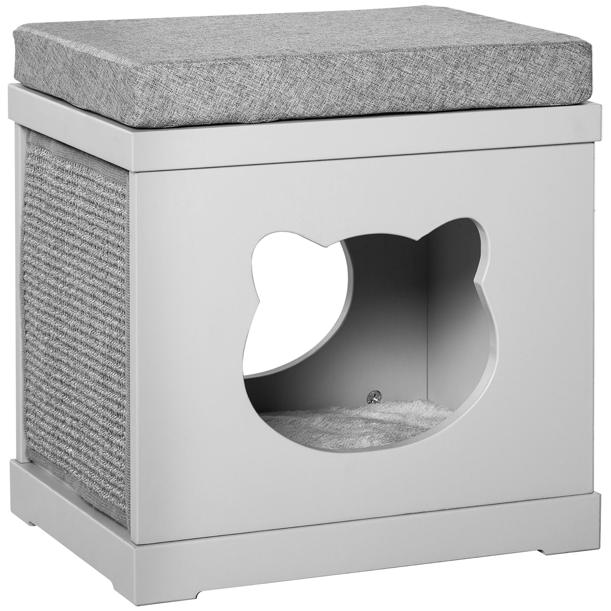 Gray pawhut cat house with cushioned top and removable sisal scratching pads for small pets indoor use