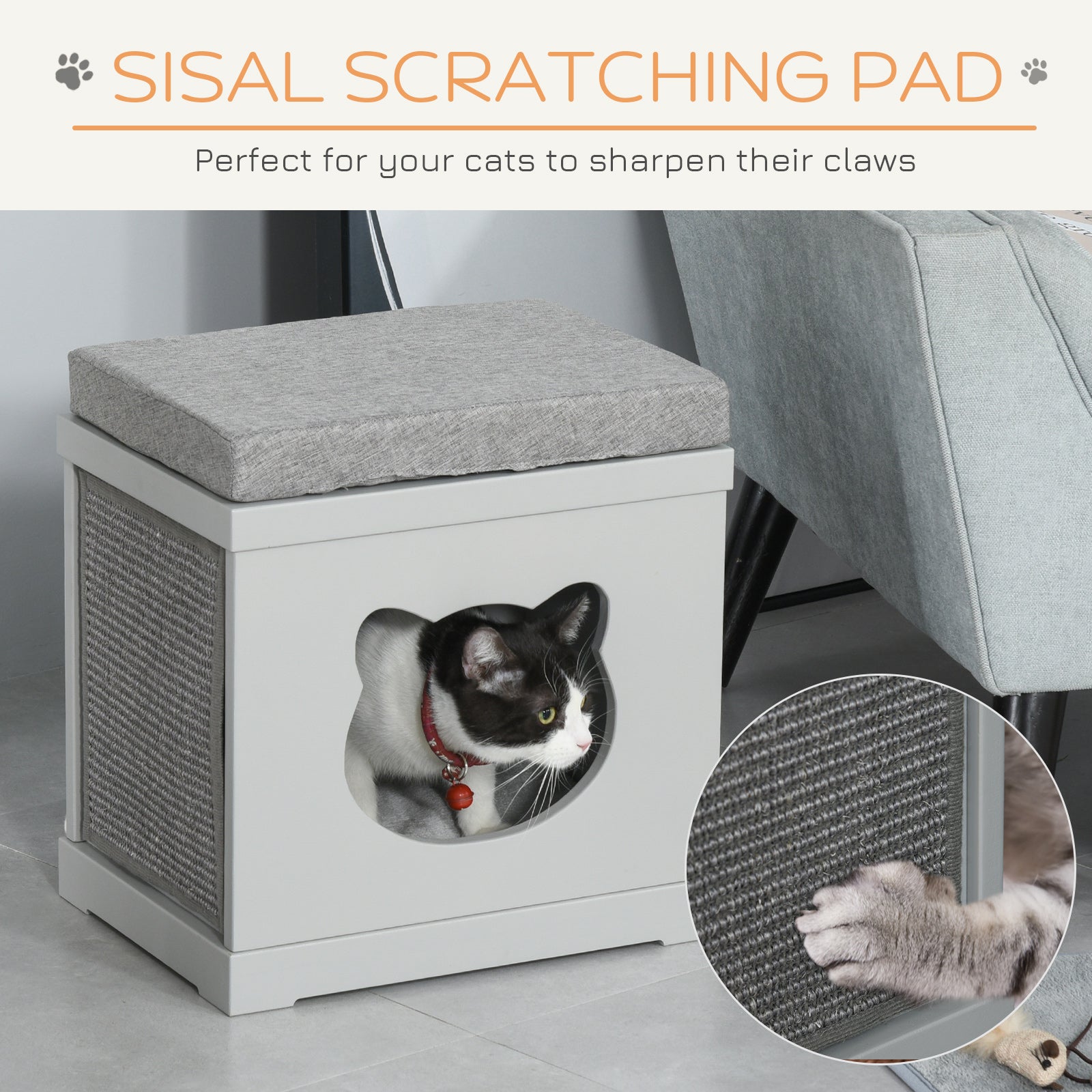 Gray pawhut cat house cube with cushioned top and removable sisal scratching pads for indoor cats