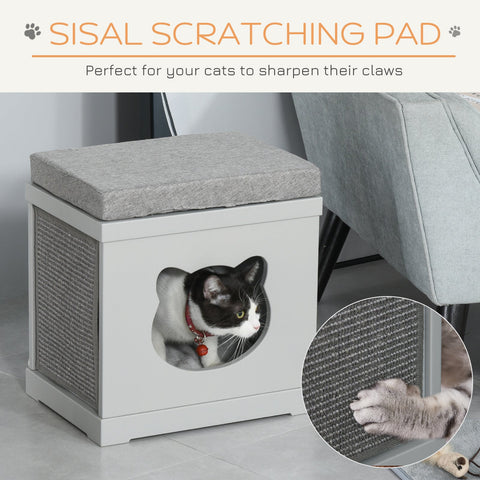 Gray pawhut cat house cube with cushioned top and removable sisal scratching pads for indoor cats
