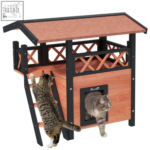Pawhut wooden cat house with black metal frame and asphalt roof featuring lattice sides for a dry outdoor area