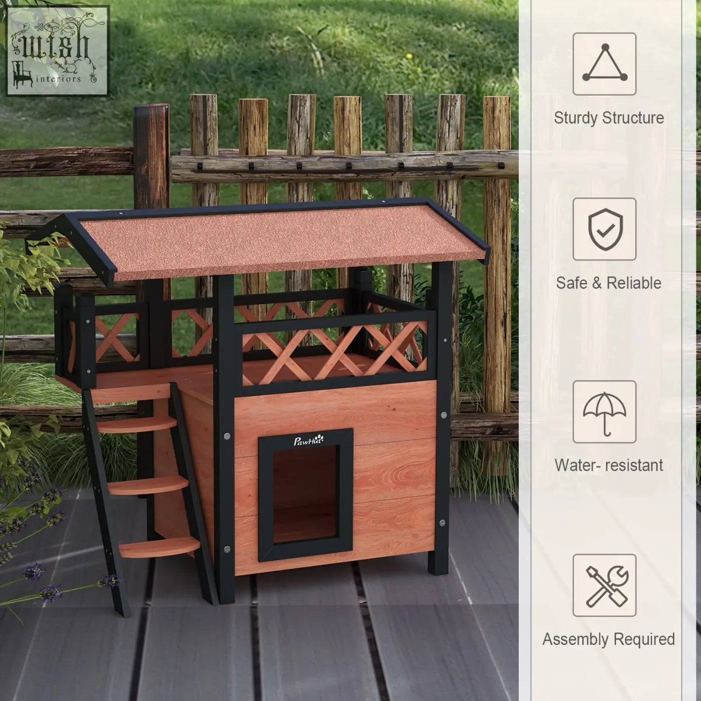 Wooden pawhut cat house outdoor with black metal frame fir wood ladder asphalt roof in a dry area brown