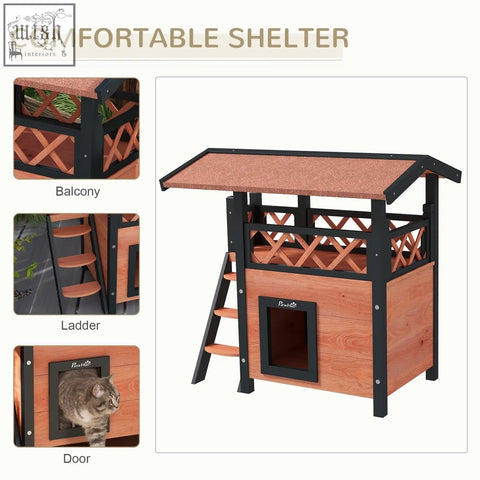 Pawhut wooden cat house with fir wood frame, cork-textured asphalt roof, lattice panels, and attached balcony stairs