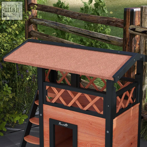 Charming pawhut cat house with fir wood, copper-colored asphalt roof, black metal frame, and dry area balcony stairs