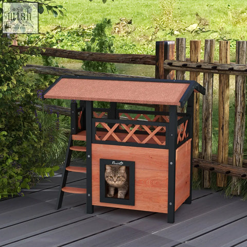 A brown pawhut outdoor cat house with fir wood, black metal frame, asphalt roof, balcony stairs, and lattice panels