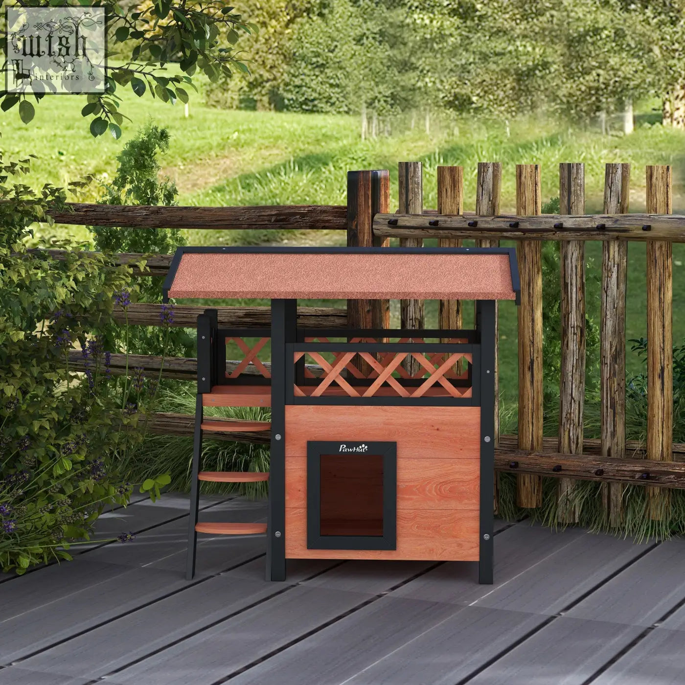 Pawhut cat house outdoor in brown fir wood with asphalt roof lattice panel for a dry area and balcony stairs roof