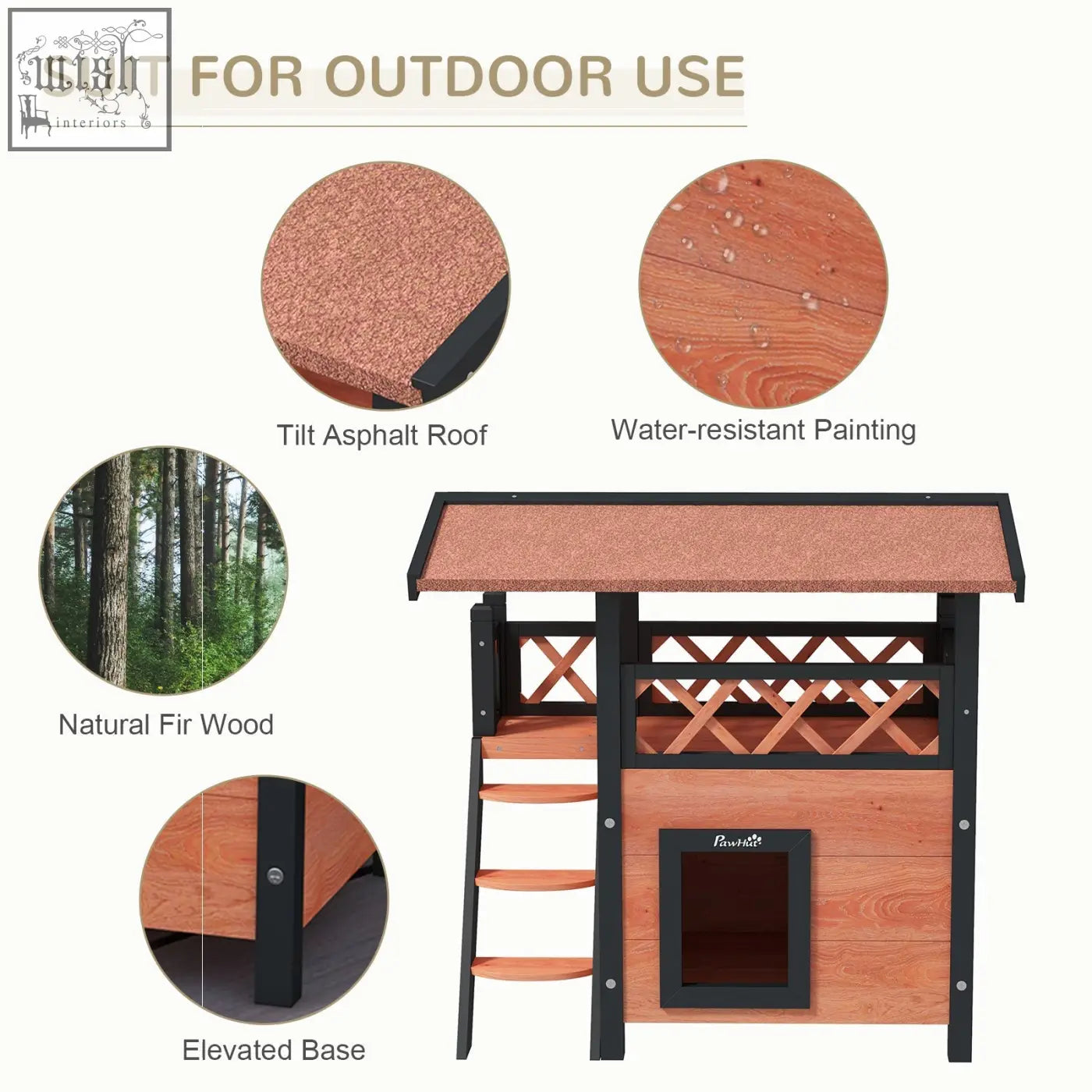Pawhut cat house outdoor in brown with fir wood, tilt asphalt roof, black metal frame, and balcony stairs for dry area use