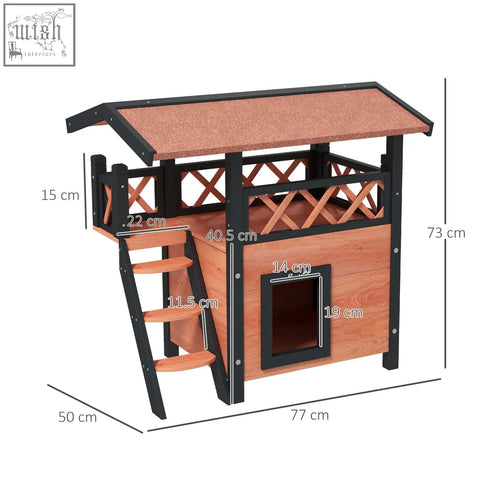 A sturdy brown pawhut cat house outdoor with fir wood frame, asphalt roof, balcony stairs, and lattice side panels for a dry area