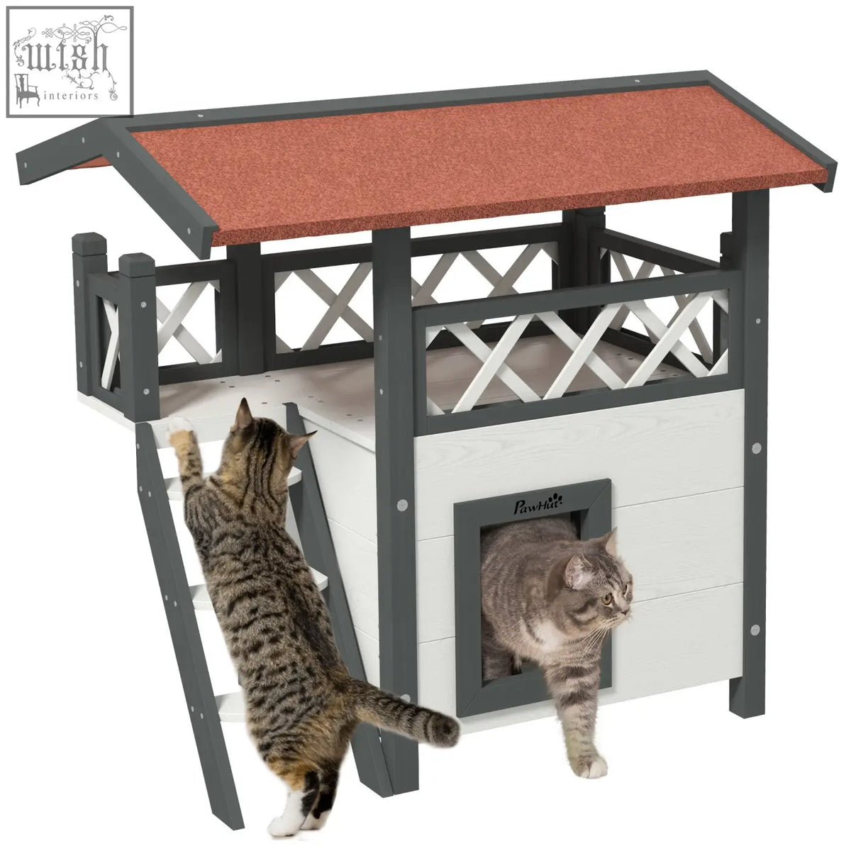 Gray and white pawhut cat house with reddish brown roof and lattice design featuring small entrance for outdoor use
