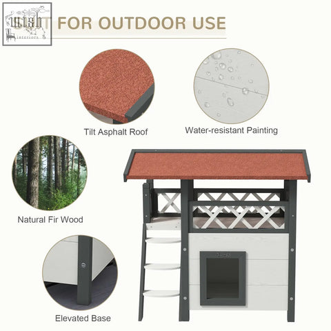 Gray and white pawhut cat house outdoor with tilt asphalt roof natural fir wood lattice sides and elevated base