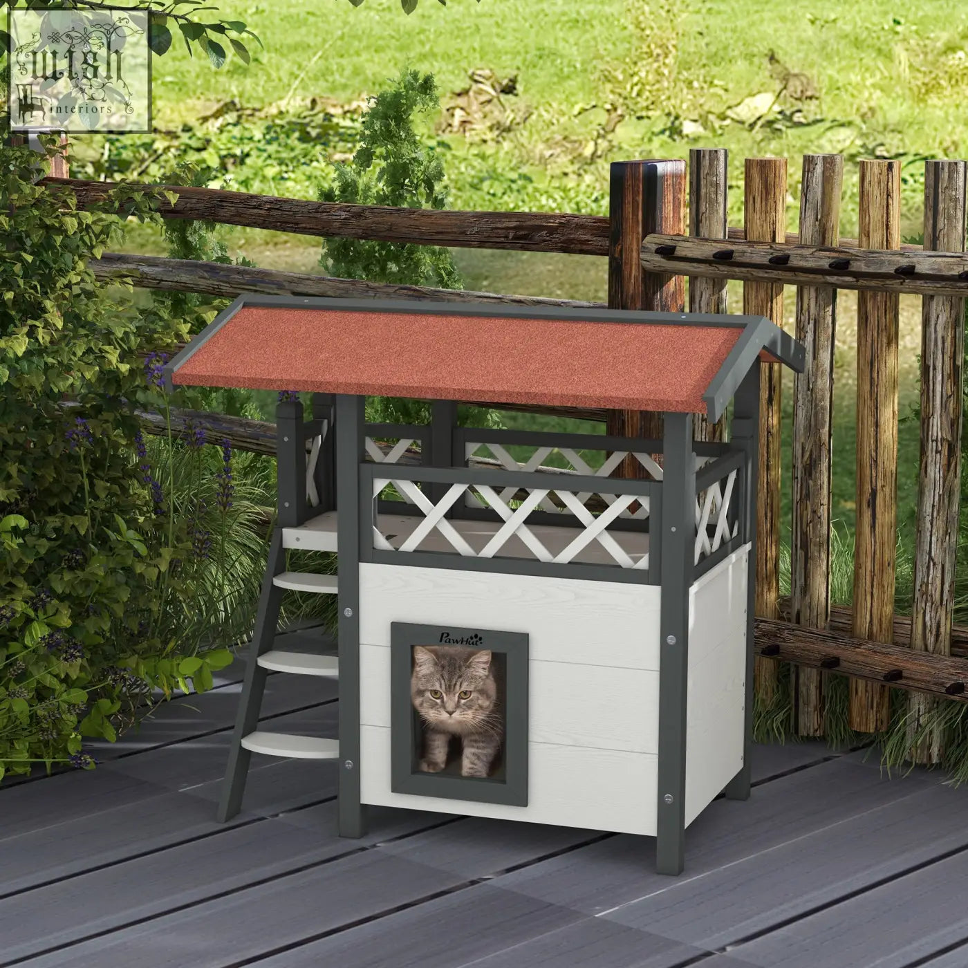White and gray pawhut cat house with reddish-brown roof lattice details and furreal entryway for outdoor use
