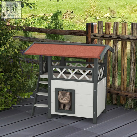 White and gray pawhut cat house with reddish-brown roof lattice details and furreal entryway for outdoor use