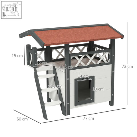 Gray and white pawhut cat house with reddish brown roof and ladder for outdoor use measuring 77 x 50 x 73 cm