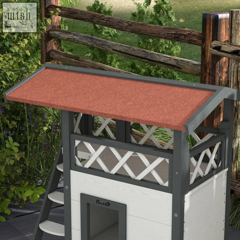 Gray and white lattice style pawhut cat house with reddish brown roof and balcony stairs for outdoor use