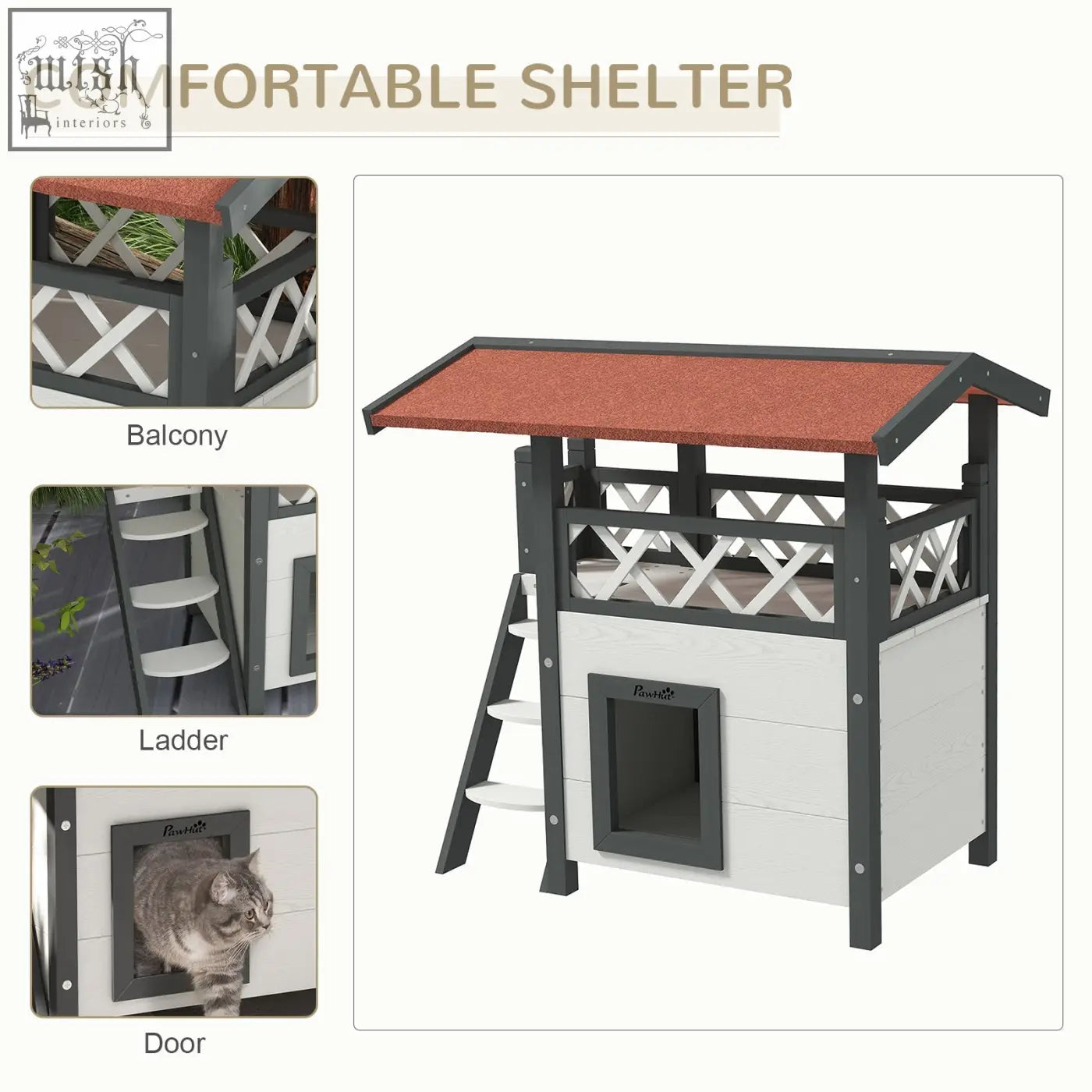 White and gray pawhut cat house with reddish brown roof lattice sides and attached ladder for outdoor use