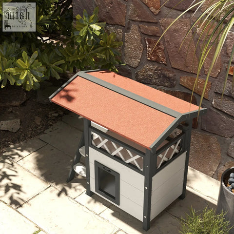 White and gray pawhut cat house outdoor with textured orange roof lattice sides and small entrance door for cats