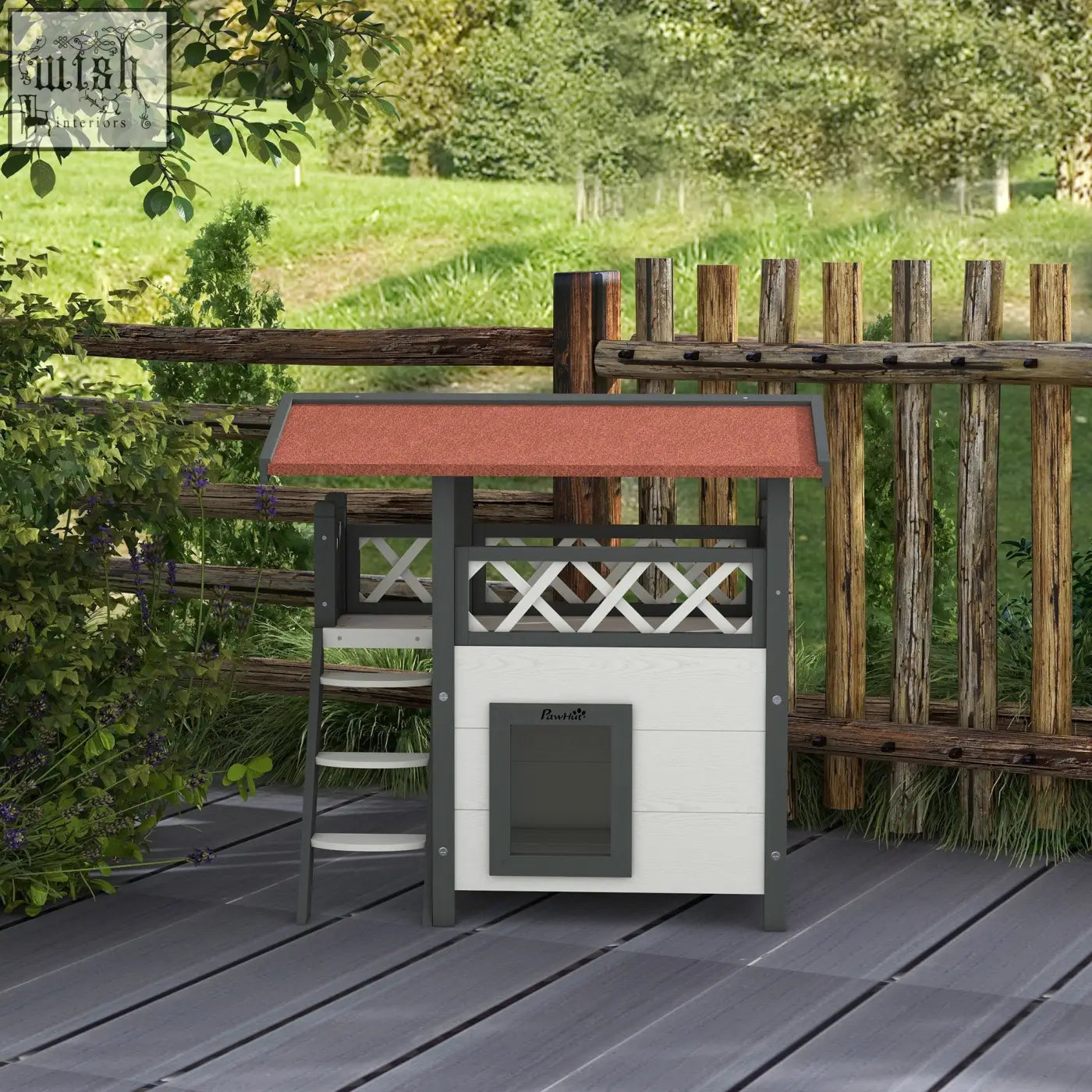 White and gray wooden pawhut cat house with reddish brown roof ladder and lattice sides for outdoor use