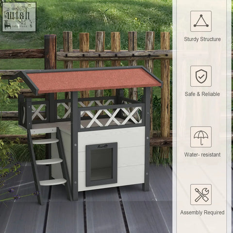 White and gray pawhut cat house with reddish-brown roof ladder entrance and lattice side panels for outdoor use