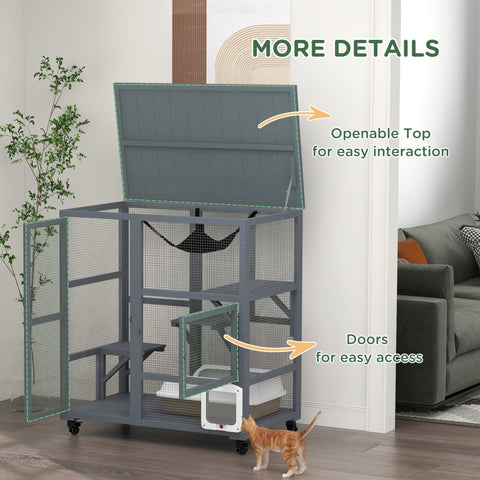 PawHut Cat House, Wooden Outdoor Catio Cat Enclosure on Wheels, Wooden Kitty Cage with Platforms, Hammock, Light Grey