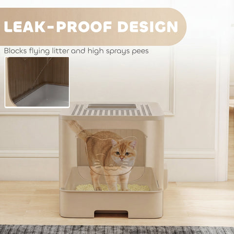 Beige plastic pawhut cat litter box with transparent front panel leak-proof design and easy clean litter tray