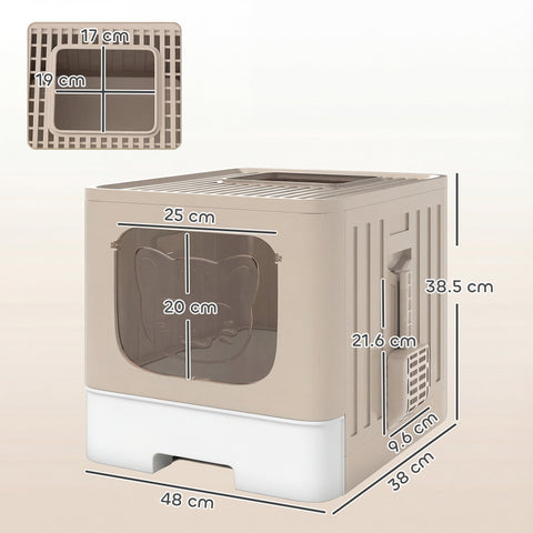 Beige and white plastic pawhut cat litter tray with transparent front and cartoon cat face for easy clean and odor control