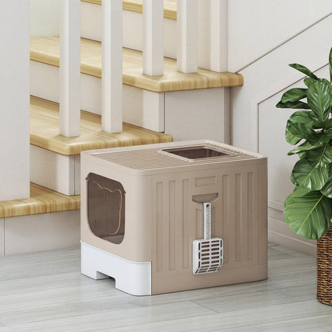Beige plastic pawhut cat litter box with white base transparent side panel and attached scoop for easy clean litter tray