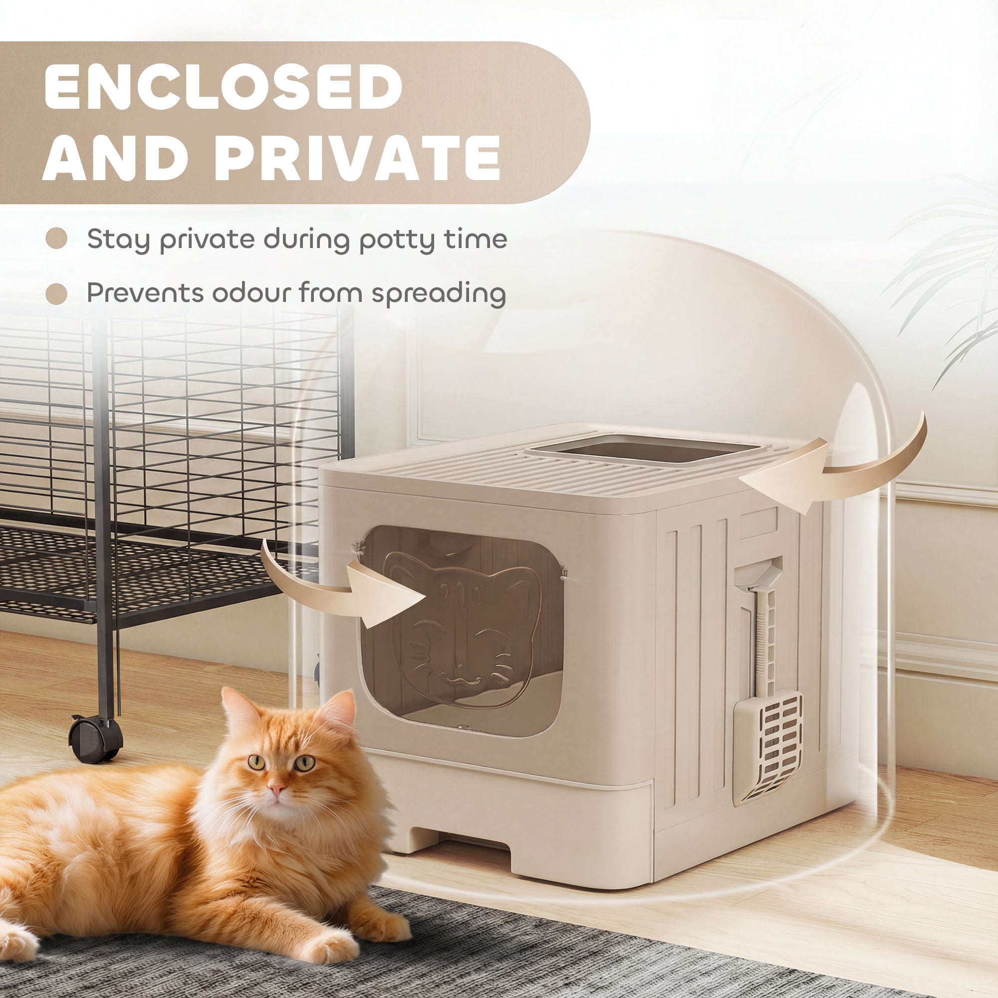 Beige plastic pawhut cat litter tray with lid and transparent front panel featuring cat silhouette design