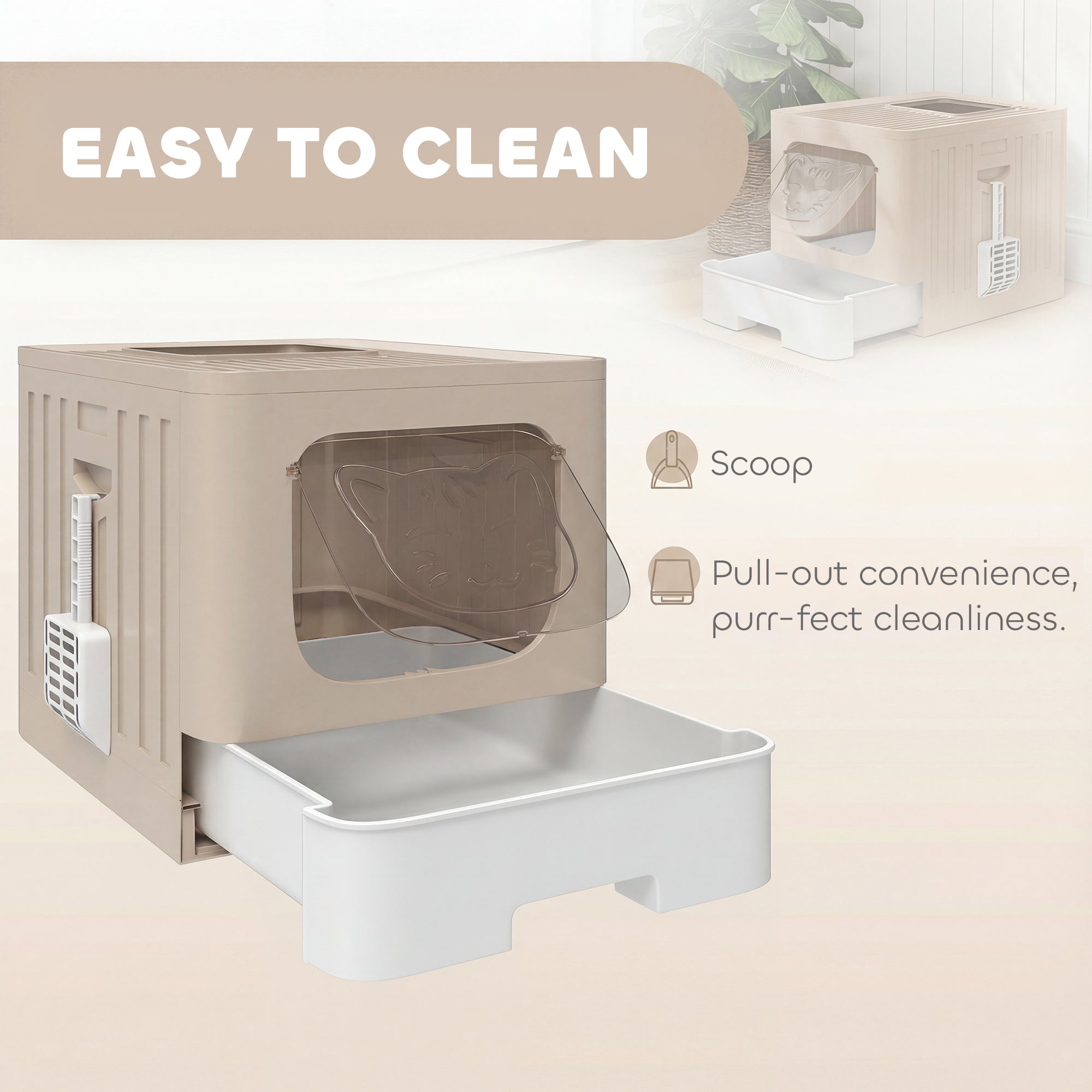 Beige plastic pawhut cat litter tray with transparent front panel and white slide-out drawer for easy cleaning