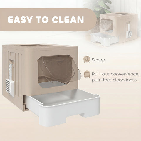 Beige plastic pawhut cat litter tray with transparent front panel and white slide-out drawer for easy cleaning