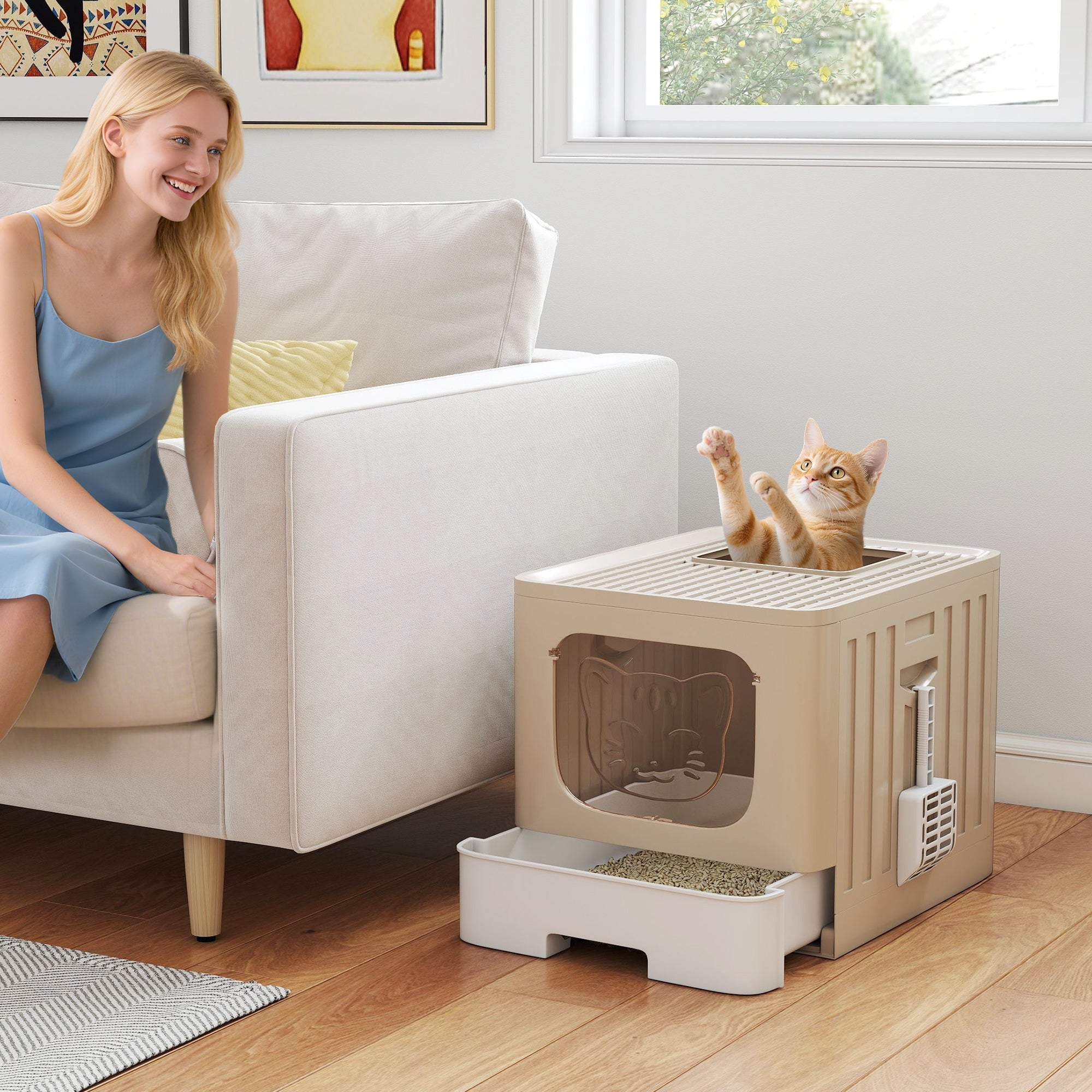 Beige pawhut cat litter tray with clear window and cat silhouette design plus attached scoop for easy cleaning