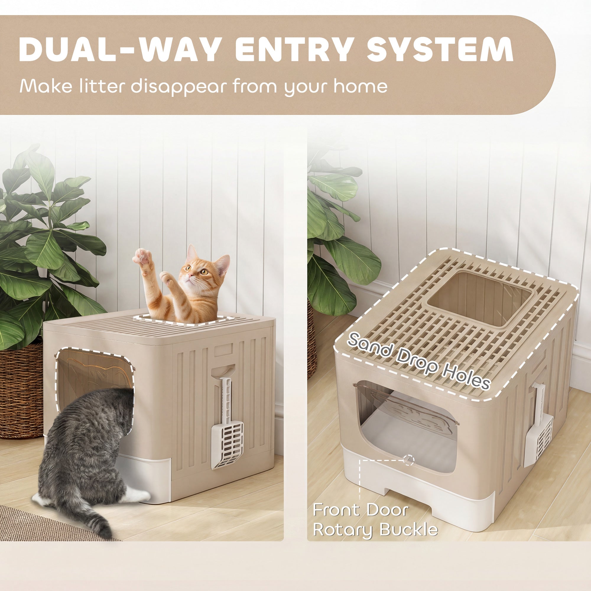 Beige plastic pawhut cat litter tray with dual-entry system sand drop holes and slide-out drawer for easy cleaning
