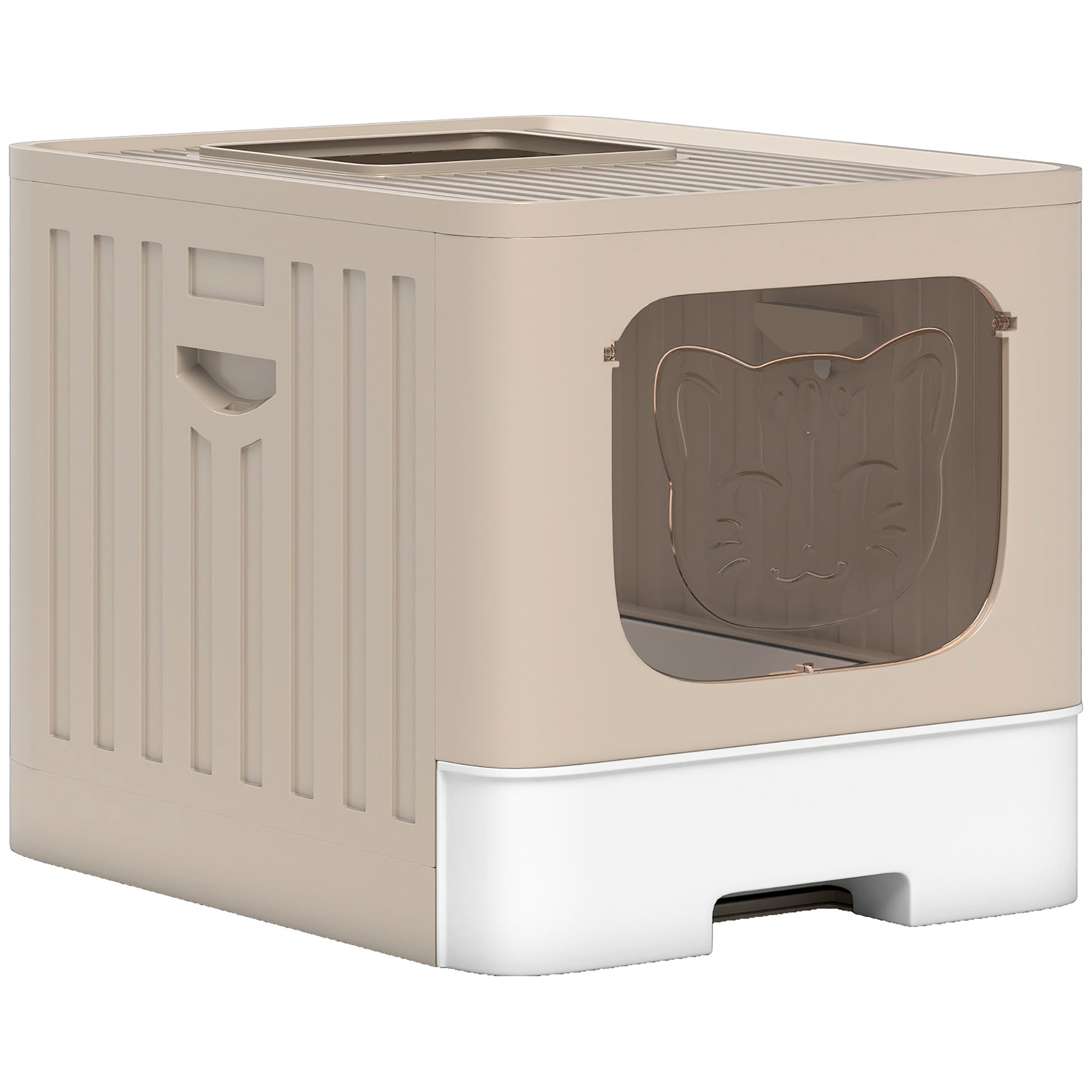 Beige and white plastic pawhut cat litter tray with lid and transparent embossed cat face panel for easy cleaning