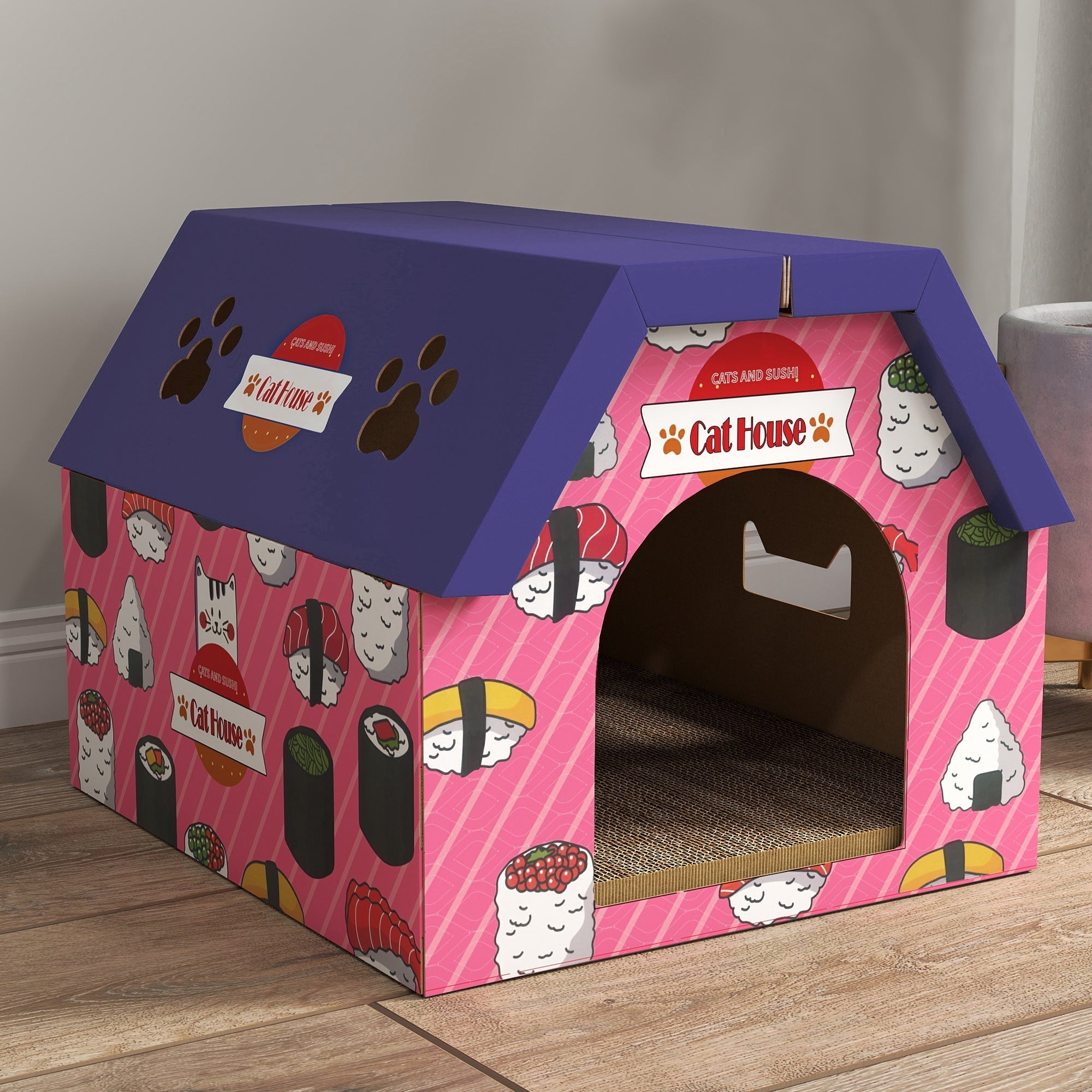 Pink and purple corrugated cardboard cat house with sushi-themed design from pawhut 2-in-1 indoor cat house