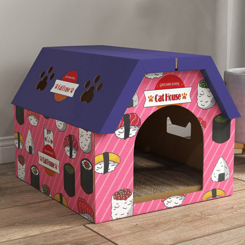 Pink and purple corrugated cardboard cat house with sushi-themed design from pawhut 2-in-1 indoor cat house