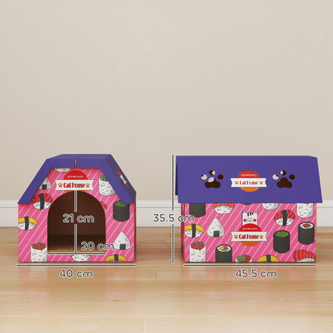Pink and purple pawhut 2-in-1 cardboard cat house with sushi design made of corrugated cardboard for indoor cats